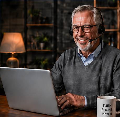 Smiling remote call center representative wearing a headset and working on a laptop from a home office